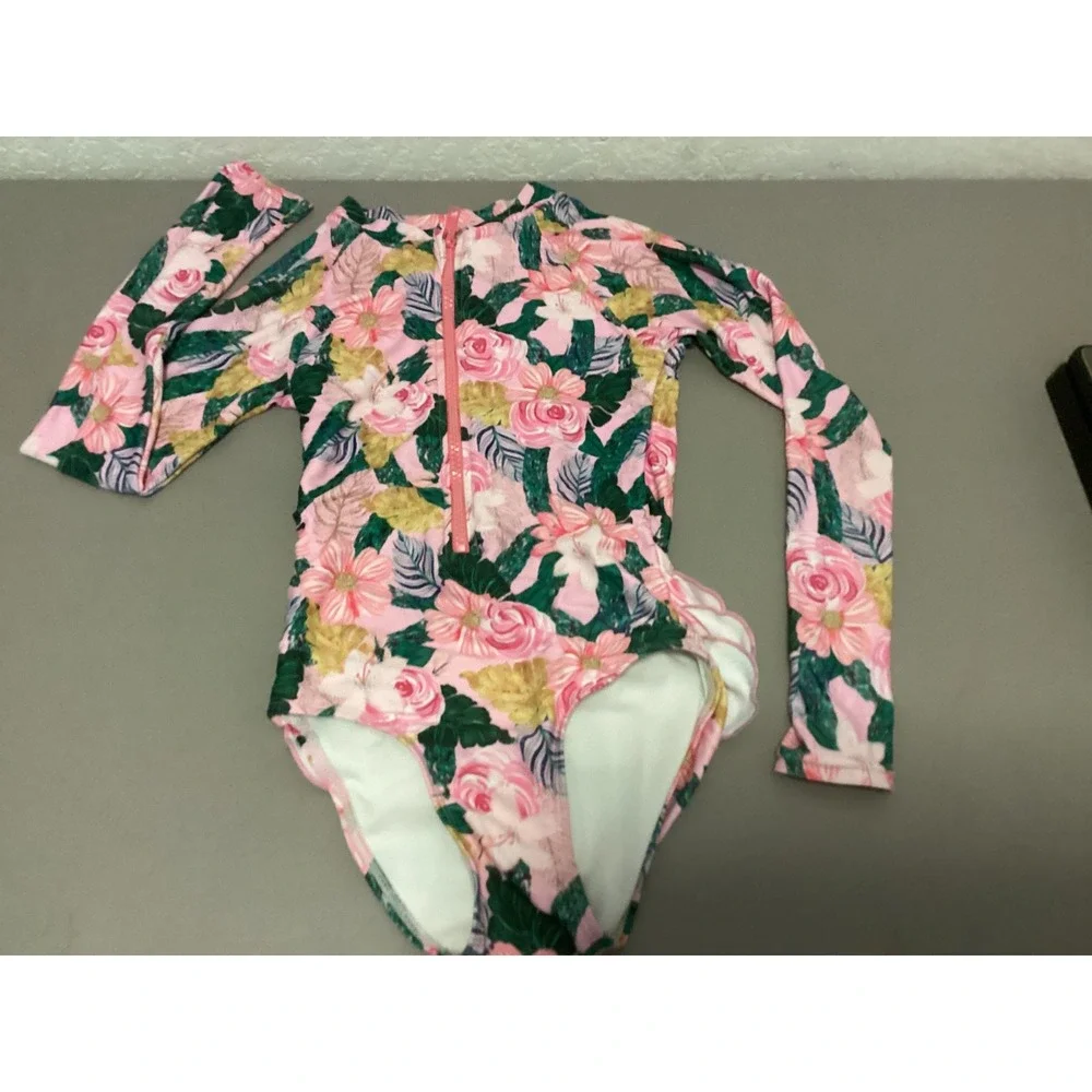 Tame the Sun Swimsuit Kids 7 Pink‎ Floral Long Sleeve Ruffles Tropical